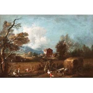 Artista veneto, XVIII secolo, Landscape with fields, a farmhouse, and peasants at work