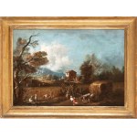 Artista veneto, XVIII secolo, Landscape with fields, a farmhouse, and peasants at work