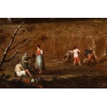 Artista veneto, XVIII secolo, Landscape with fields, a farmhouse, and peasants at work