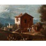 Artista veneto, XVIII secolo, Landscape with fields, a farmhouse, and peasants at work