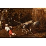 Artista veneto, XVIII secolo, Landscape with fields, a farmhouse, and peasants at work