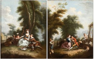 Artista francese, XVIII secolo, a) Gallant scene near a small temple; b) Gallant scene near a well. A pair of paintings.