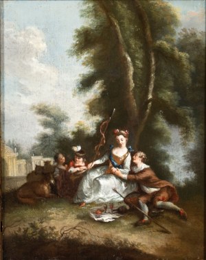 Artista francese, XVIII secolo, a) Gallant scene near a small temple; b) Gallant scene near a well. A pair of paintings.
