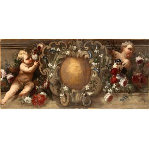 Artista attivo a Roma, XVIII secolo, Overdoor with putti, a still life of flowers, and a coat of arms