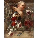 Artista attivo a Roma, XVIII secolo, Overdoor with putti, a still life of flowers, and a coat of arms
