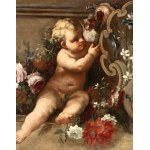 Artista attivo a Roma, XVIII secolo, Overdoor with putti, a still life of flowers, and a coat of arms