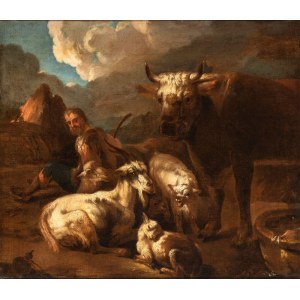 detto Rosa da Tivoli (attribuito a) (Francoforte 1655 - Tivoli 1706), Shepherds at rest with flocks