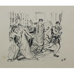 Antoni Uniechowski, « La fuite devant l'autel », « Une calèche sur la place du Château », « Sainte Jeanne d'après Shaw » : trois dessins