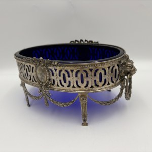 Silver platter with cobalt-blue glass - 800 silver - 19th/20th century - 467 g