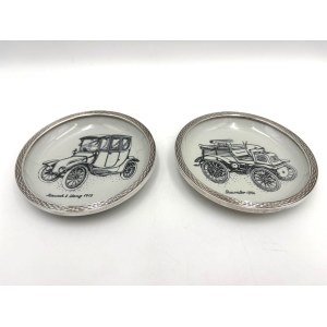 Pár porcelánových tanierov v striebre 925 – Dánsko, historické automobily