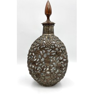 Chinese decanter—glass, openwork metal frame, symbols of good luck, 20th century