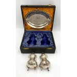 Antique tableware set—2 small bowls, a cake stand, a serving platter, a case; some damage