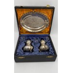 Antique tableware set—2 small bowls, a cake stand, a serving platter, a case; some damage
