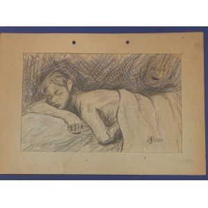 Franciszek Starowieyski - drawing titled Dream 2 [a boy dreaming with his hand under the blanket]