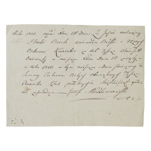 Józef Młodzianowski, poseł na sejm, zaświadcza, że odebrał 60 talarów od Michała hr. Borcha, wojewody bełskiego; bez miejscowości, 17 XII 1810 r.