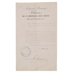 [majątek ziemski] Biskup sandomierski daje zgodę na msze w kaplicy dworskiej Skórkowskich w Wielkiej Woli k. Opoczna, Sandomierz 22 VIII 1887
