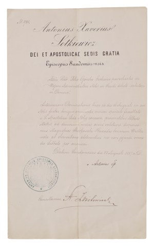 [majątek ziemski] Biskup sandomierski daje zgodę na msze w kaplicy dworskiej Skórkowskich w Wielkiej Woli k. Opoczna, Sandomierz 22 VIII 1887