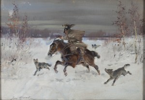 Jerzy Kossak (1886 Kraków - 1955 Kraków), Kirasjer ścigany w lesie przez wilki