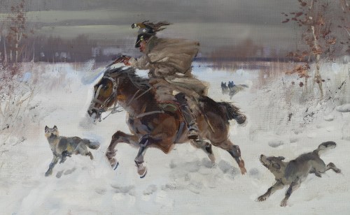Jerzy Kossak (1886 Kraków - 1955 Kraków), Kirasjer ścigany w lesie przez wilki