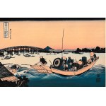 Katsushika Hokusai, Sunset over the Ryōgoku Bridge as Seen from the Onmayagashi Embankment, fūkei-ga—a cityscape and river landscape