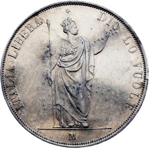 Prozatímní vláda, 5 lir, 1848, M, Milán