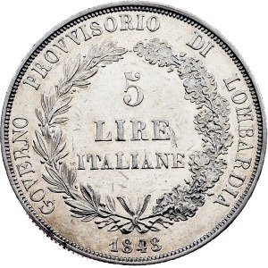 Prozatímní vláda, 5 lir, 1848, M, Milán