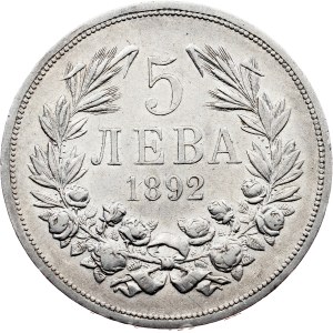 Bulharsko, 5 leva, 1892, КБ, Kremnitz