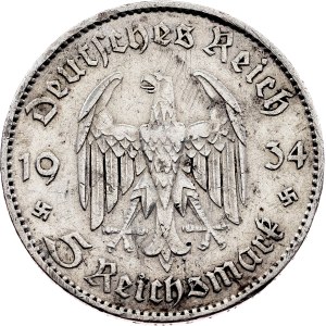 Německo, 5 říšských marek, 1934, F, Stuttgart