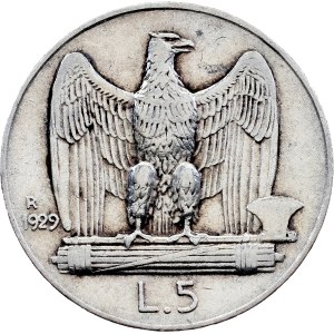 Itálie, 5 lir, 1929, R, Řím