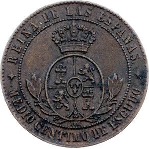 Spagna, 1/2 centimo di escudo 1867, OM, Jubia