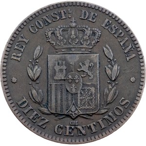 Španělsko, 10 centimů, 1879, OM, Barcelona