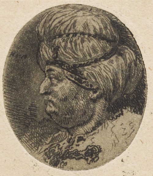 Jan Piotr Norblin de la Gourdaine (1745 Misy-Faut-Yonne - 1830 Paryż), Głowa męska w białym zawoju z perłami, 1777