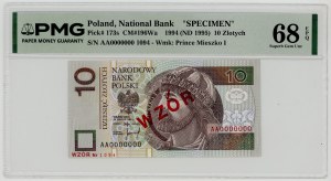 10 złotych 1994, WZÓR/SPECIMEN, numer 1094, PMG 68 EPQ, MAX NOTA