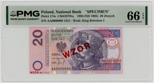 20 złotych 1994, WZÓR/SPECIMEN, numer 1541, PMG 66 EPQ, 2-ga max nota