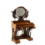 Dressing table with a hinged mirror and storage compartments