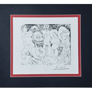Pablo Picasso (1881–1973), Pastierska scéna s fúzatým mužom s vencom z kvetov a mladými pastierkami (Une scène de berger avec un homme barbu portant une couronne de fleurs et de jeunes bergères), zo série: „347“