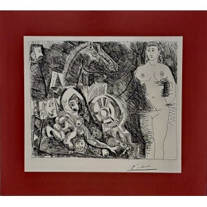 Pablo Picasso (1881-1973), Char romain avec roue qui tombe, femme nue et voyeurs, Rzymski rydwan z opadającym kołem, nagą kobietą i podglądaczami