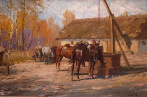 Leonard Winterowski (1868 Kraków - 1927), Ułani przy studni, 1925 r.