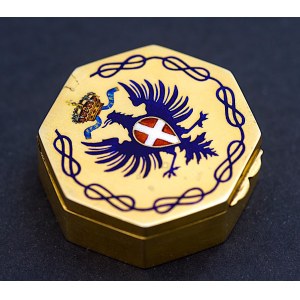 Pudełeczko ośmiokątne, podarunkowe, z herbem króla Włoch, złocone, Florencja, okres międzywojenny