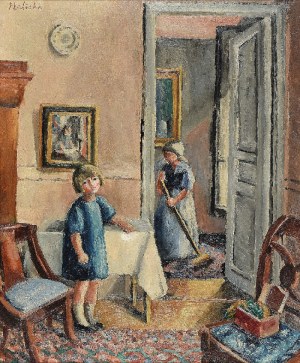 Alicja HALICKA (1894-1975), Wnętrze domu artystki z portretem córki