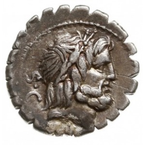 denar serratus 83-82 pne, Rzym, Aw: Głowa Jowisza w pra...