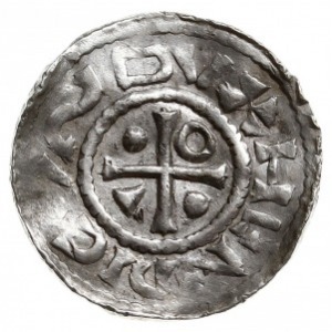 denar 995-1002, Aw: Dach kościoła, Rw: Krzyż z kulkami,...