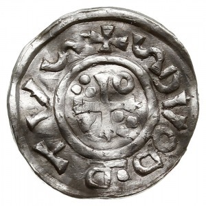 denar 1009-1024, Aw: Popiersie w prawo, Rw: Krzyż z kul...