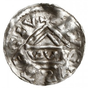denar 989-995, Aw: Dach kościoła, Rw: Krzyż z kulkami i...