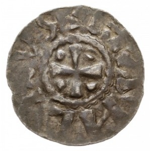 denar przed 1048 r., Aw: Krzyż prosty z kulkami w kątac...
