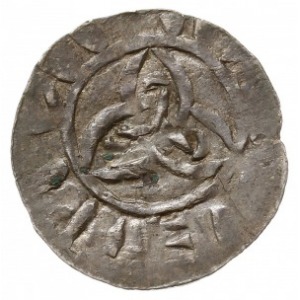 denar przed 1048 r., Aw: Krzyż prosty z kulkami w kątac...