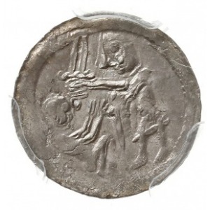 denar 1138-1146, Aw: Rycerz z mieczem nad jeńcem, Rw: O...
