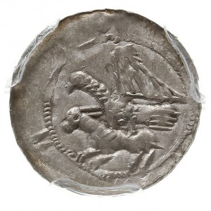 denar 1138-1146, Aw: Rycerz z mieczem nad jeńcem, Rw: O...