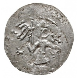 denar z lat 1146-1157, Aw: Dwaj książęta siedzący wspól...