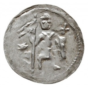 denar z lat 1146-1157, Aw: Dwaj książęta siedzący wspól...